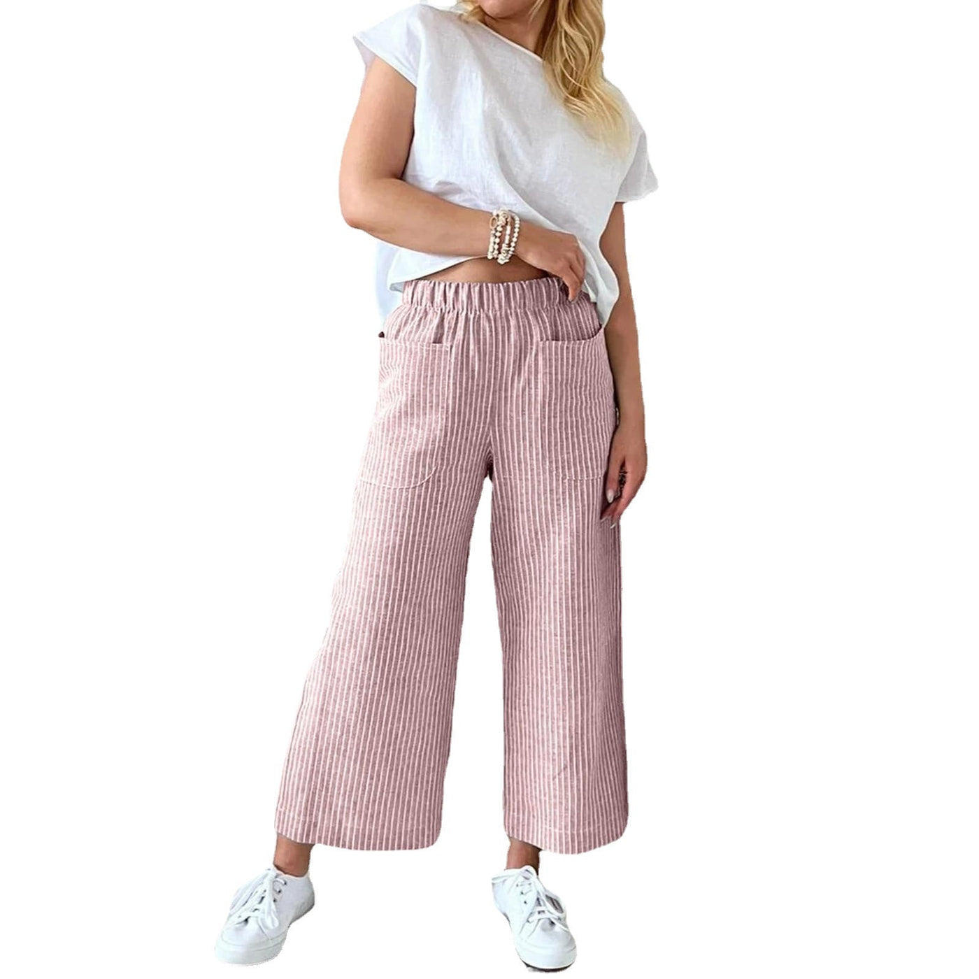 Melissa - Pantalones holgados de algodón y lino a rayas