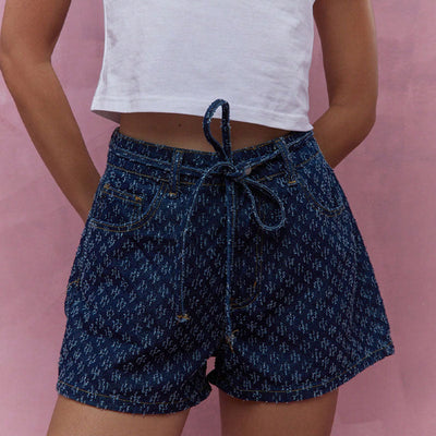 Shorts vaqueros para mujer - Cintura alta - Corte holgado - Cordón ajustable - Cinco bolsillos