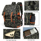Sac à dos noir avec motifs dorés, poches multiples, compartiment pour téléphone, design renforcé, idéal pour étudiants et voyageurs.