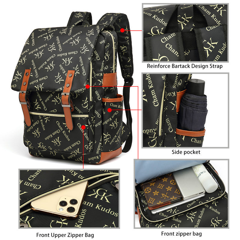 Sac à dos noir avec motifs dorés, poches multiples, compartiment pour téléphone, design renforcé, idéal pour étudiants et voyageurs.