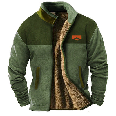 Veste polaire verte pour homme avec doublure en laine, fermeture éclair, poches latérales, logo sur la poitrine. Idéale pour l'hiver et les activités extérieures.