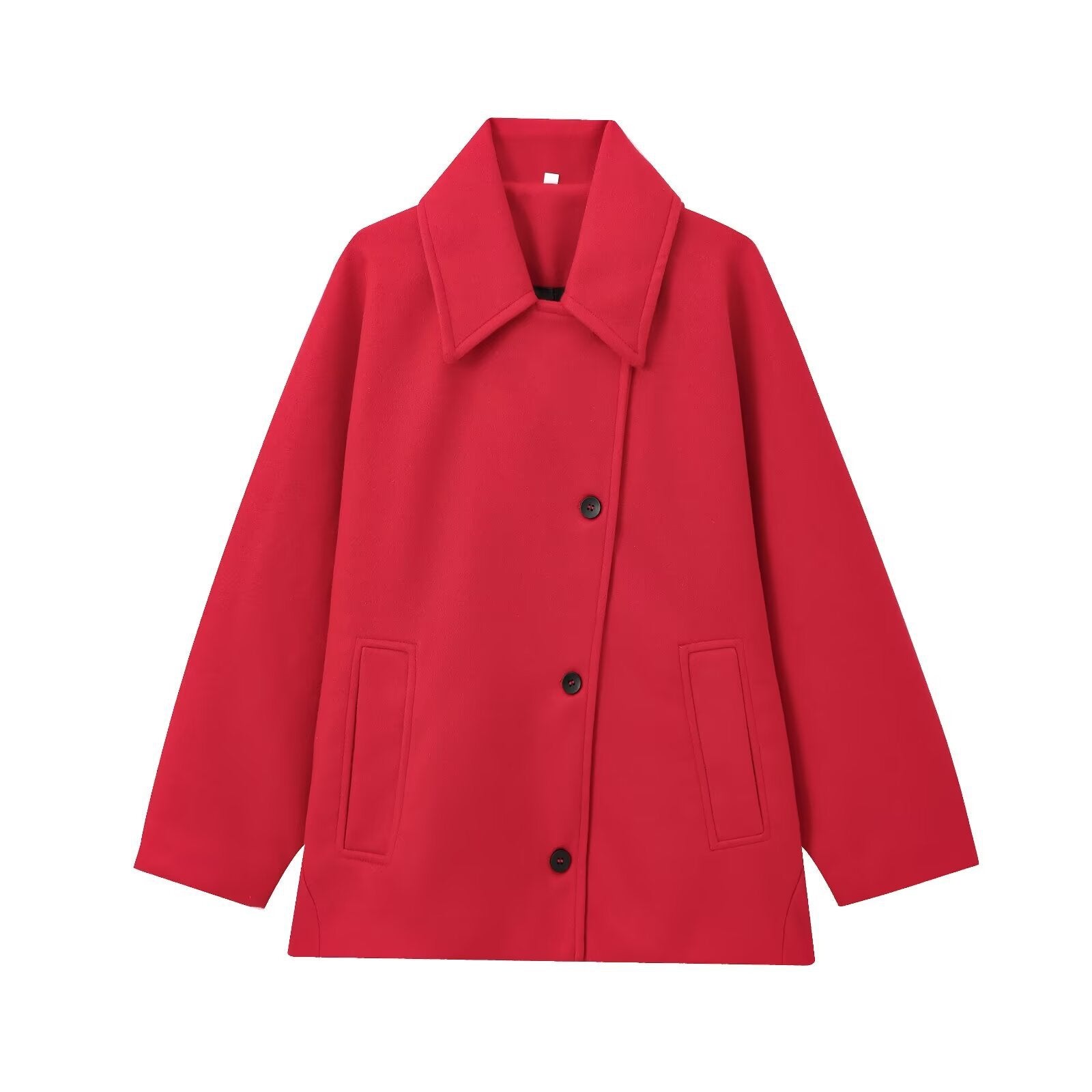 Manteau rouge vif pour femme, style classique, col large, boutons noirs, poches latérales. Mode automne-hiver, vêtement élégant et tendance.