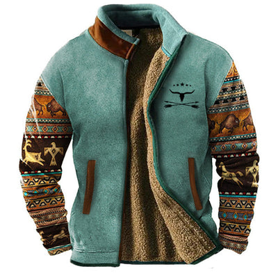 Veste polaire turquoise avec motifs ethniques, manches décorées de bisons et flèches, doublure en fourrure synthétique, style western.