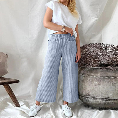 Melissa - Pantalones holgados de algodón y lino a rayas