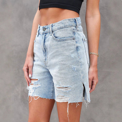 Shorts vaqueros para mujer - Corte holgado - Desgastado - Largo bermuda - Cinco bolsillos - Estilo casual