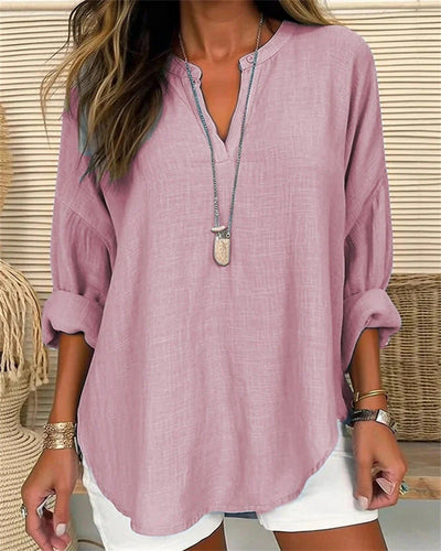Camisa de manga larga holgada de lino y algodón con cuello mandarín para mujer