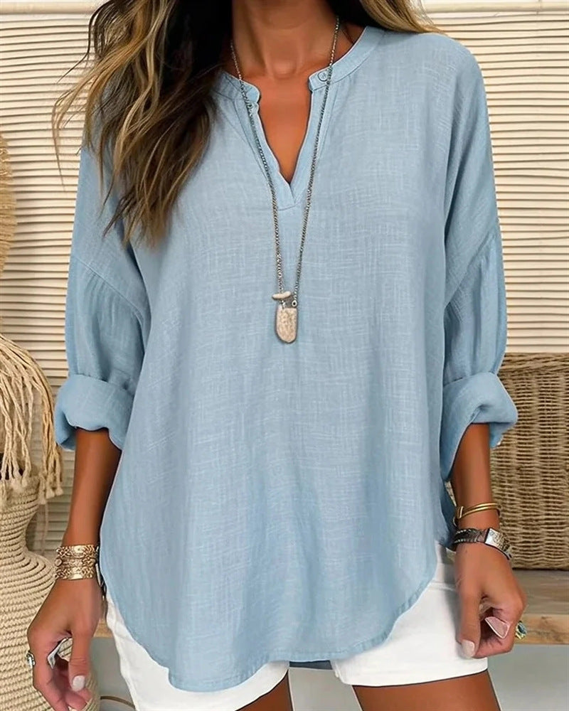 Camisa de manga larga holgada de lino y algodón con cuello mandarín para mujer