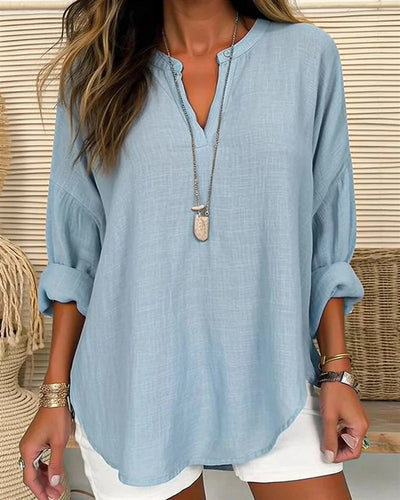 Camisa de manga larga holgada de lino y algodón con cuello mandarín para mujer