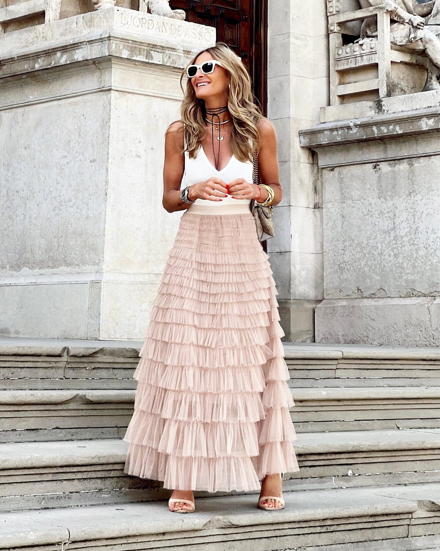 Falda midi de tul con diseño elegante de línea A para mujer