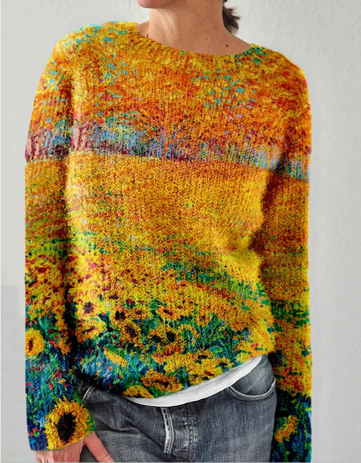 Pull multicolore inspiré de Van Gogh, avec motifs de tournesols et champs, porté par une personne. Mode artistique, tricot vibrant et unique.