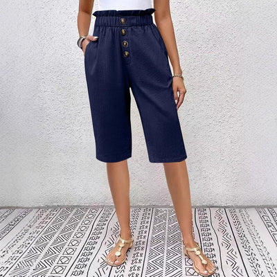 Bermudas para mujer - Corte holgado - Cintura elástica - Botones delanteros - Tejido ligero