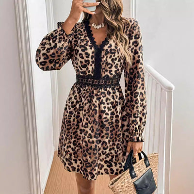Robe à imprimé léopard et col en V – dentelle chic et style sauvage