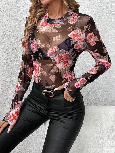 Top in rete con motivo floreale - Collo alto e vestibilità slim
