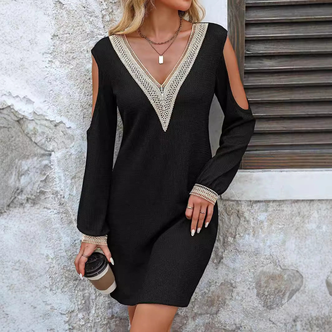 Vestido con escote en V y ribete de encaje: elegante vestido de manga larga para cualquier ocasión. 