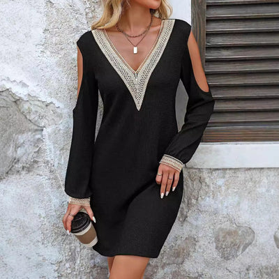 Vestido con escote en V y ribete de encaje: elegante vestido de manga larga para cualquier ocasión. 