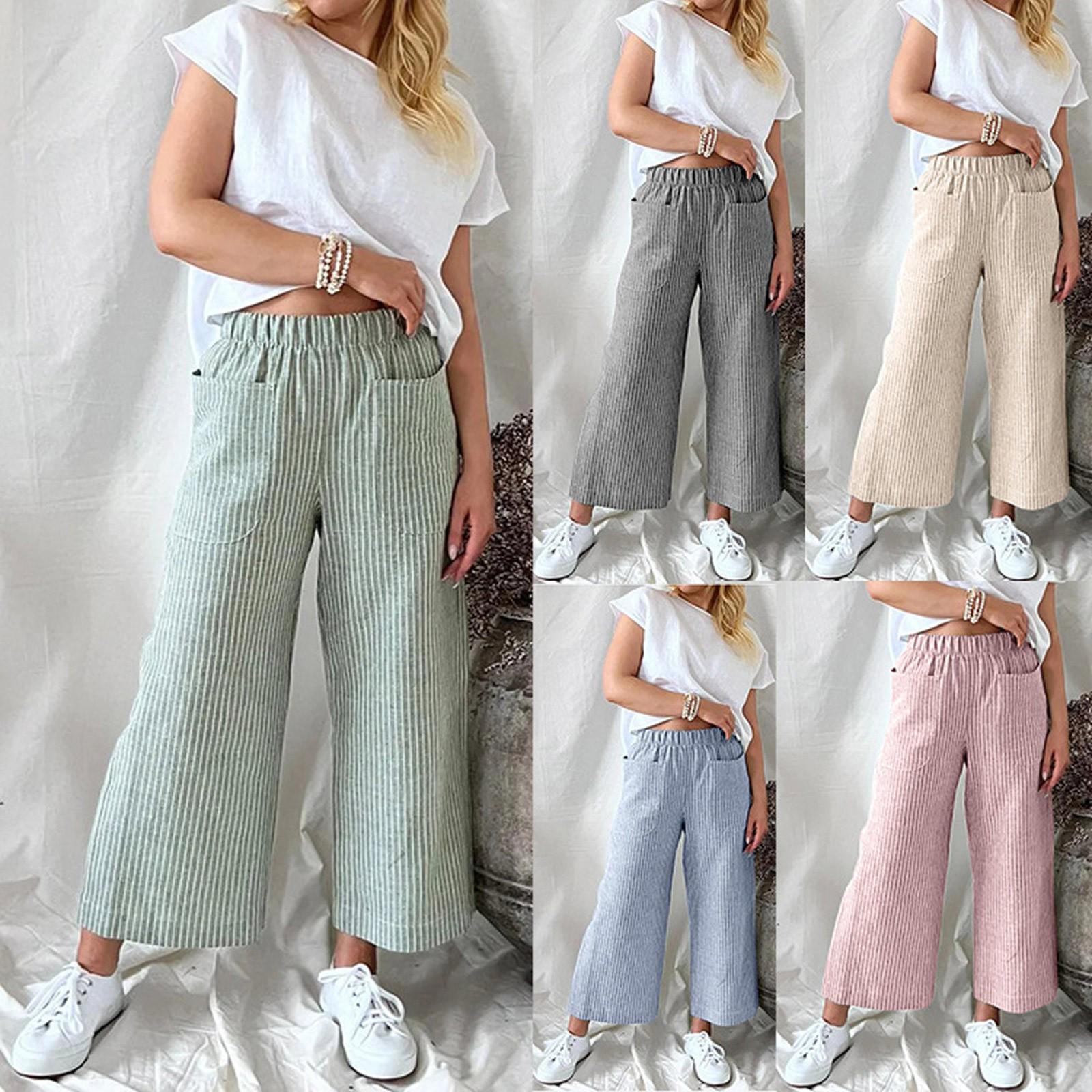 Pantalon large femme en lin rayé, disponible en plusieurs couleurs: vert, gris, beige, bleu, rose. Mode décontractée, tendance, confortable.