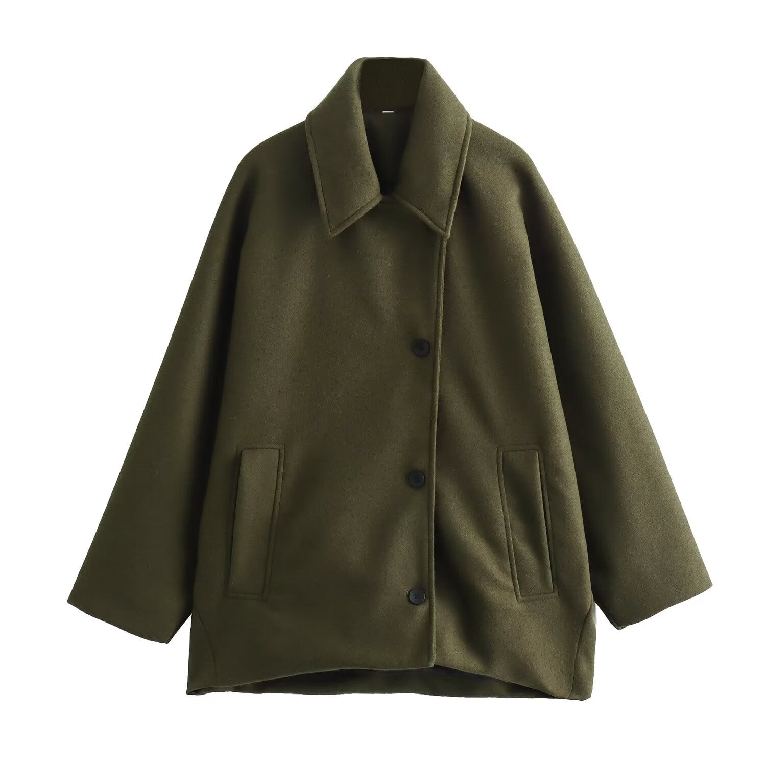 Manteau vert olive en laine, coupe ample, col classique, boutons noirs, poches latérales. Style élégant et chaud pour l'hiver.