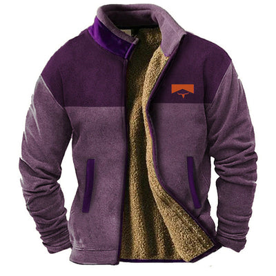 Veste polaire violette pour homme avec doublure en sherpa beige, col montant, poches latérales, idéale pour l'hiver et les activités de plein air.