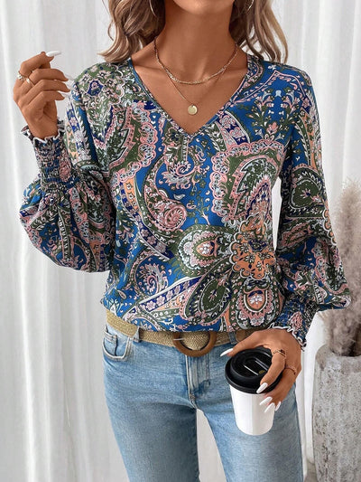 Blusa estampada para mujer con cuello en V: camisa elegante y cómoda con mangas farol.