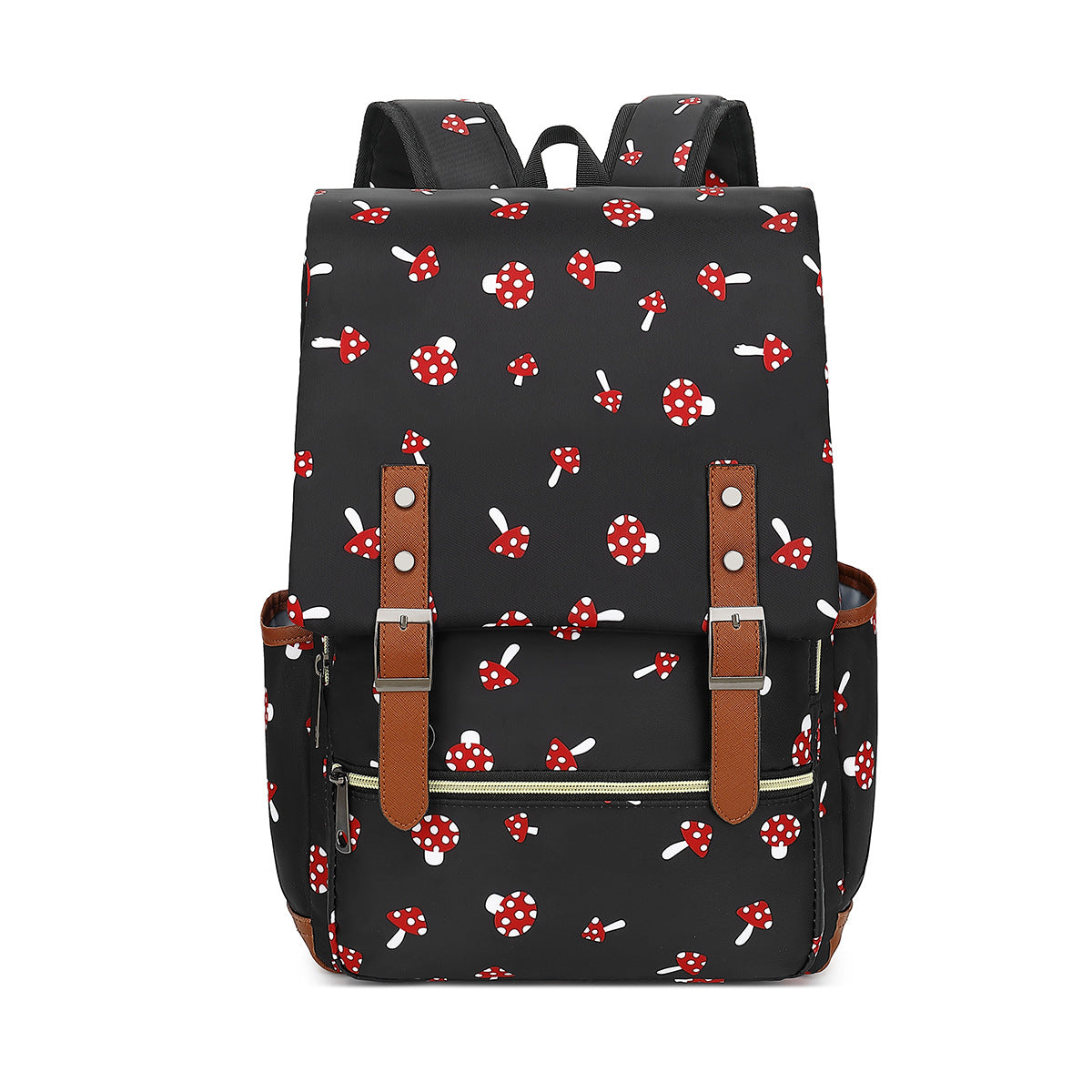 Sac à dos noir avec motif champignons rouges et blancs, bretelles ajustables, poches latérales, détails en cuir marron. Accessoire mode tendance.