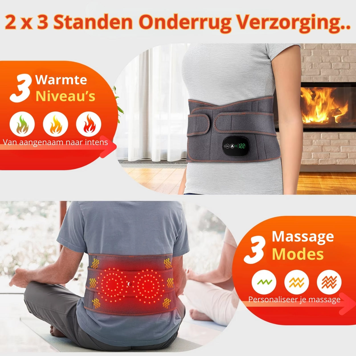 Ceinture de massage lombaire chauffante avec trois niveaux de chaleur et modes de massage, idéale pour le soin du dos. Confort et relaxation assurés.