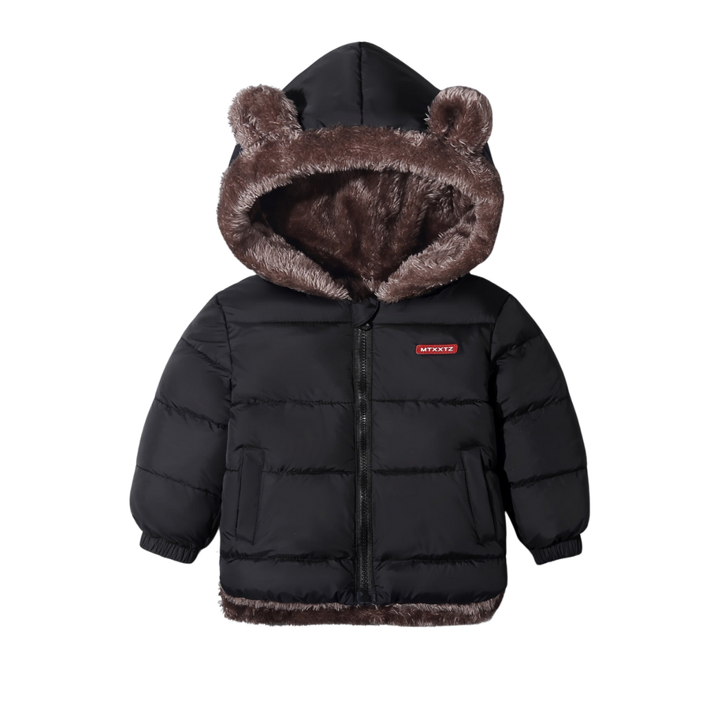 Veste d'hiver pour enfant, noire avec capuche à oreilles d'ours, doublure en fausse fourrure marron, fermeture éclair, style chaud et confortable.
