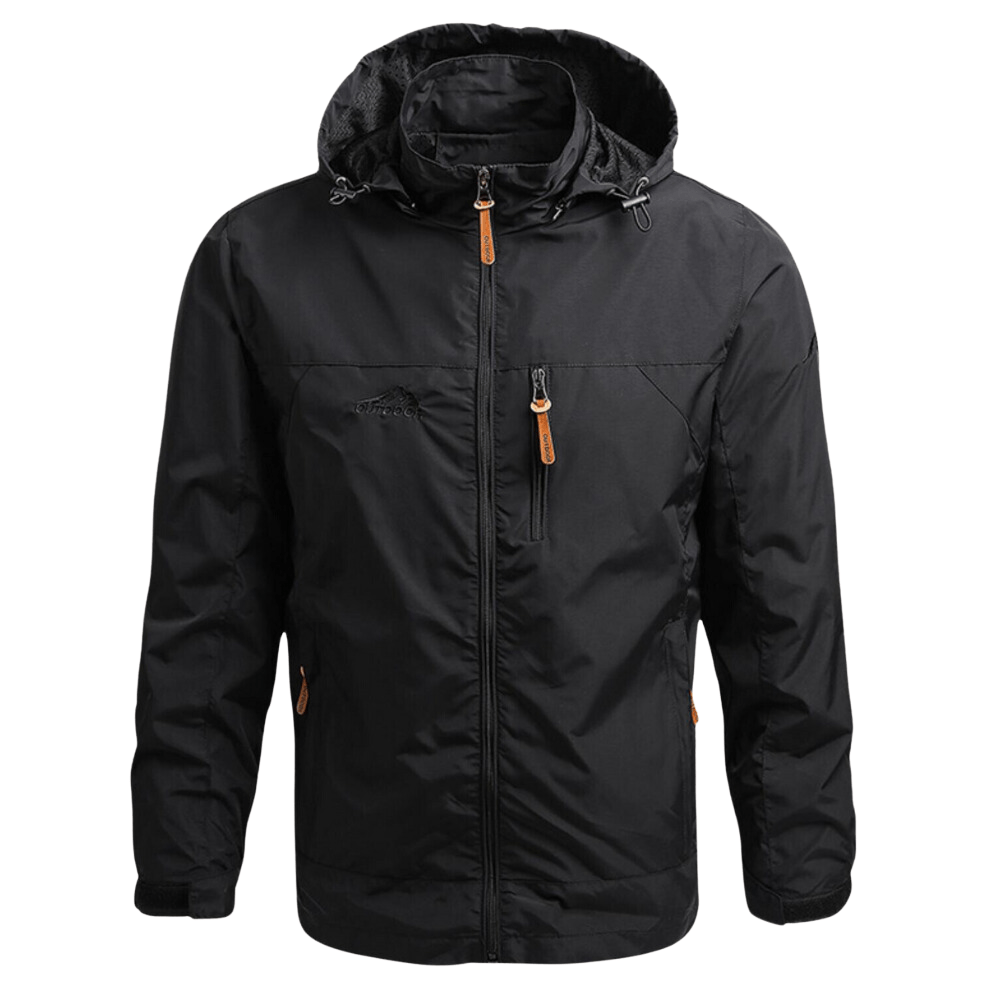Veste noire imperméable pour homme avec capuche, fermeture éclair, poches zippées, idéale pour randonnée et activités extérieures.