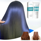 Cheveux lisses et brillants après utilisation du produit lissant Eelhoe, avec emballage visible. Transformation capillaire avant-après incluse.