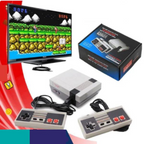 Console de jeu rétro avec manettes et écran affichant un jeu classique. Boîte d'emballage incluse. Idéal pour les amateurs de jeux vidéo vintage.