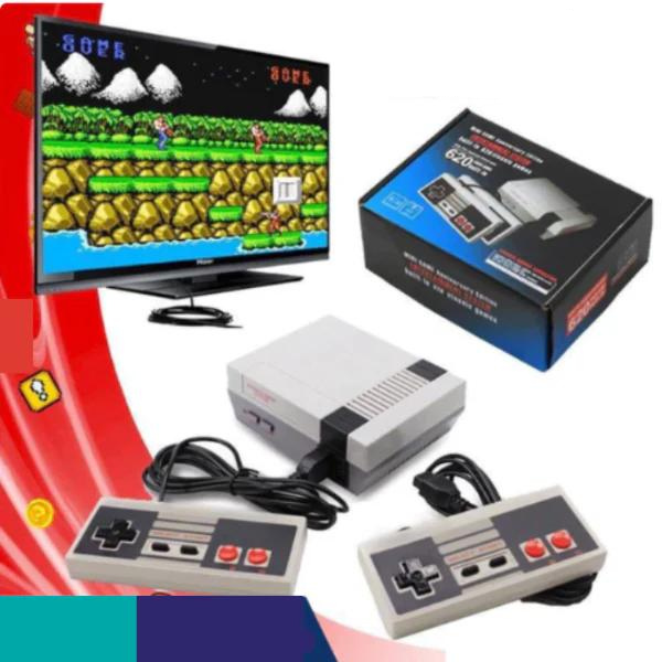 Console de jeu rétro avec manettes et écran affichant un jeu classique. Boîte d'emballage incluse. Idéal pour les amateurs de jeux vidéo vintage.