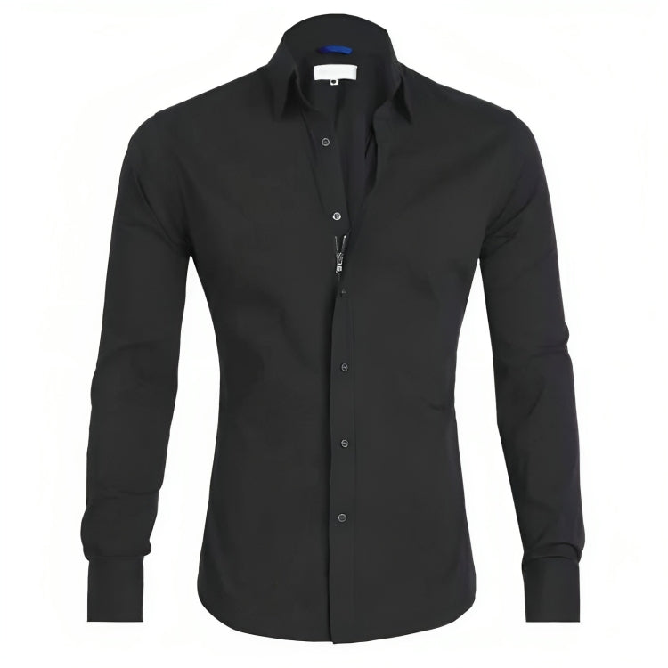 Chemise noire élégante pour homme, manches longues, col classique, boutons discrets, style formel, idéale pour bureau ou occasions spéciales.