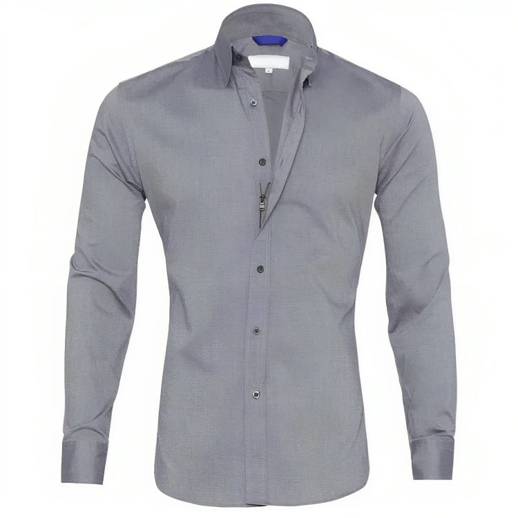 Chemise homme grise élégante à manches longues, col classique, boutons noirs, idéale pour tenue formelle ou décontractée. Mode masculine tendance.