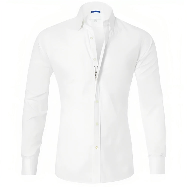Chemise blanche élégante pour homme, manches longues, col classique, idéale pour tenues formelles et professionnelles. Mode masculine chic.