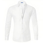 Chemise blanche élégante pour homme, manches longues, col classique, idéale pour tenues formelles et professionnelles. Mode masculine chic.