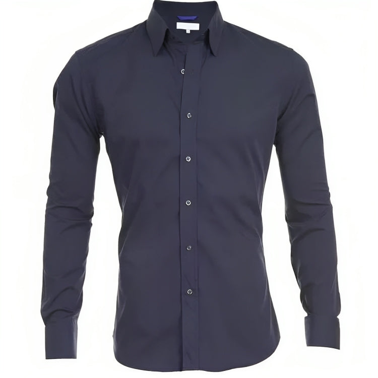 Chemise homme élégante bleu marine, manches longues, col classique, boutons blancs. Mode masculine, vêtement formel, style moderne.