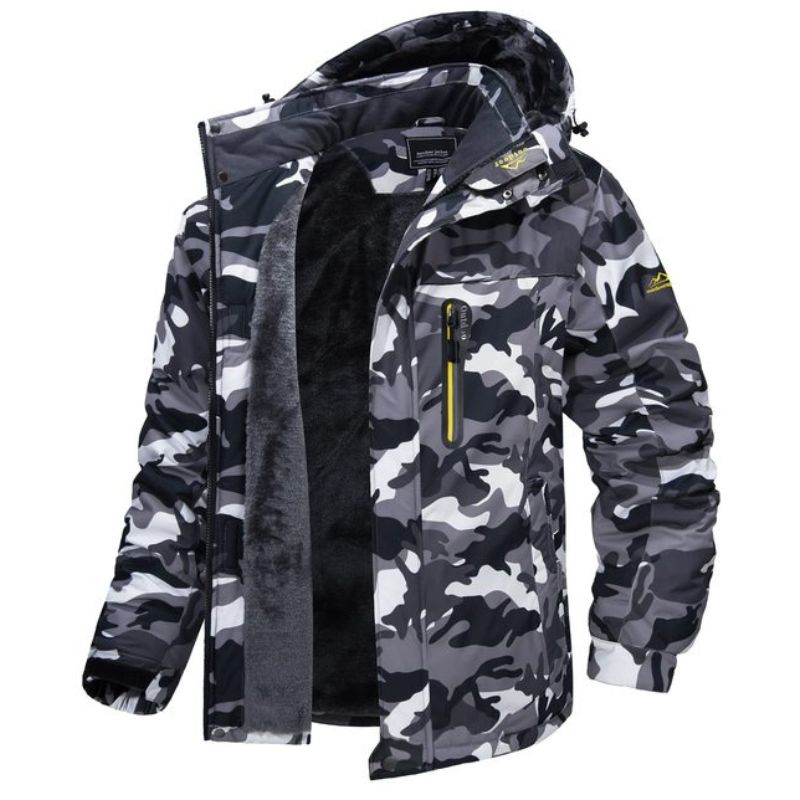 Veste camouflage homme imperméable, doublure polaire, capuche amovible, fermeture éclair, idéale pour l'hiver et les activités extérieures.