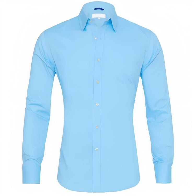 Chemise bleue pour homme, manches longues, col classique, boutons blancs. Vêtement élégant, idéal pour bureau ou occasions formelles.