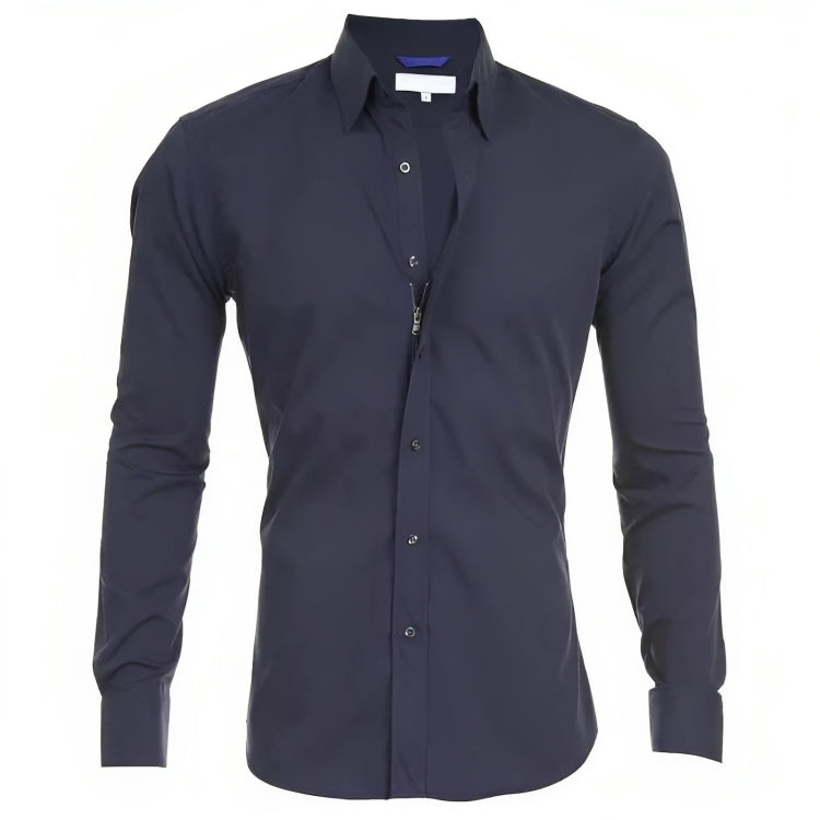 Chemise homme bleu marine élégante, manches longues, col classique, boutons noirs, style formel, idéale pour bureau ou occasions spéciales.