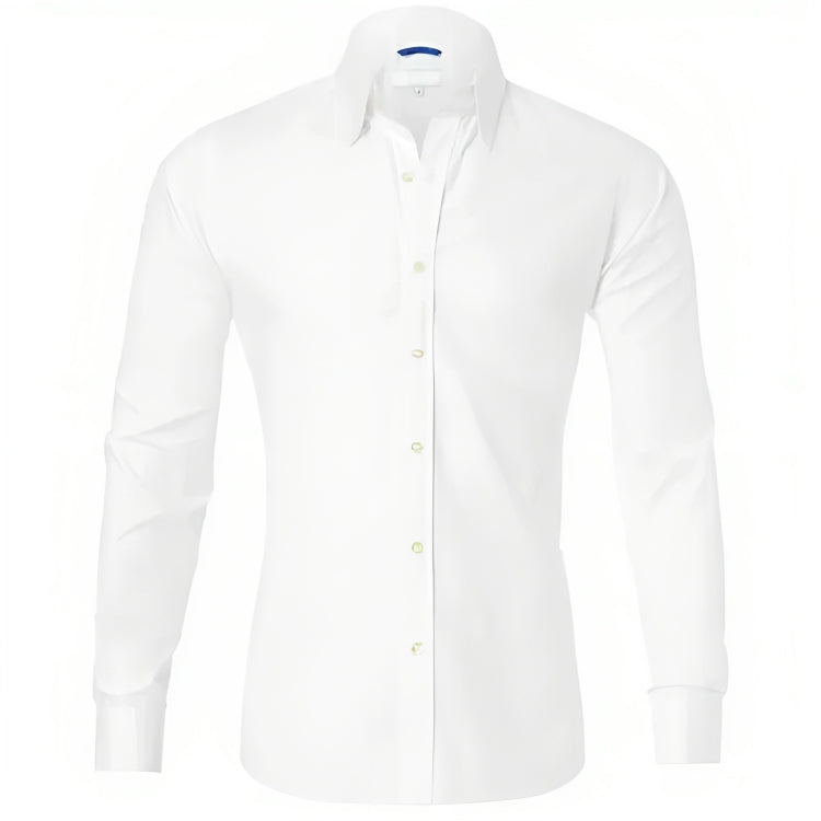 Chemise blanche élégante pour homme, manches longues, col classique, idéale pour tenues formelles et professionnelles. Mode masculine chic.