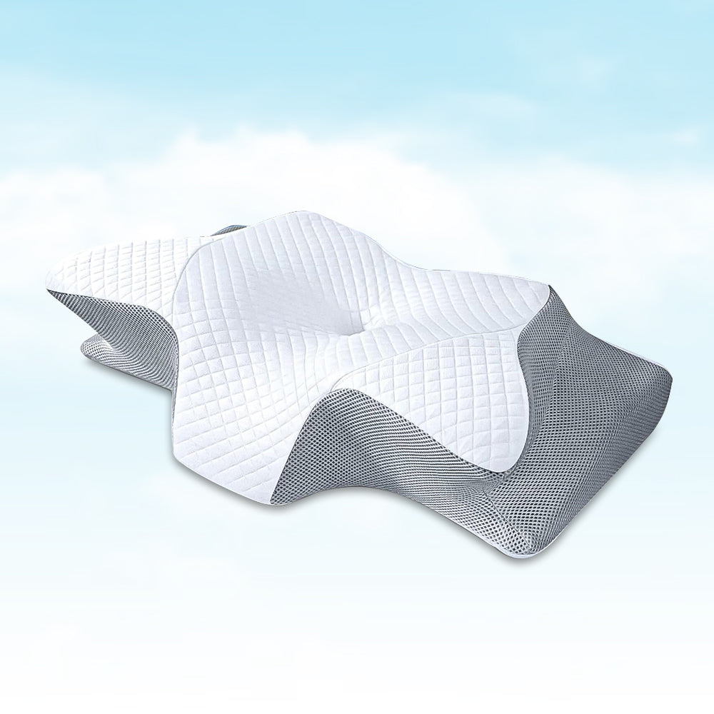 Oreiller ergonomique en mousse à mémoire de forme, design orthopédique, housse respirante, soutien cervical, soulagement des douleurs, sommeil réparateur.