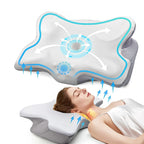 Oreiller ergonomique pour le cou, soutien cervical, femme allongée, soulagement des douleurs, design orthopédique, confort sommeil, mousse à mémoire.