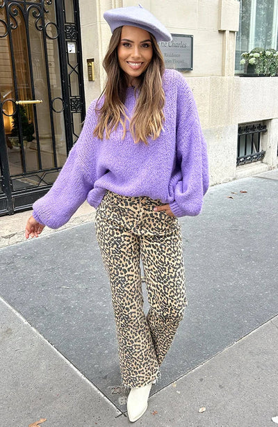 Pull oversize en tricot pour femmes avec encolure ronde et manches ballon