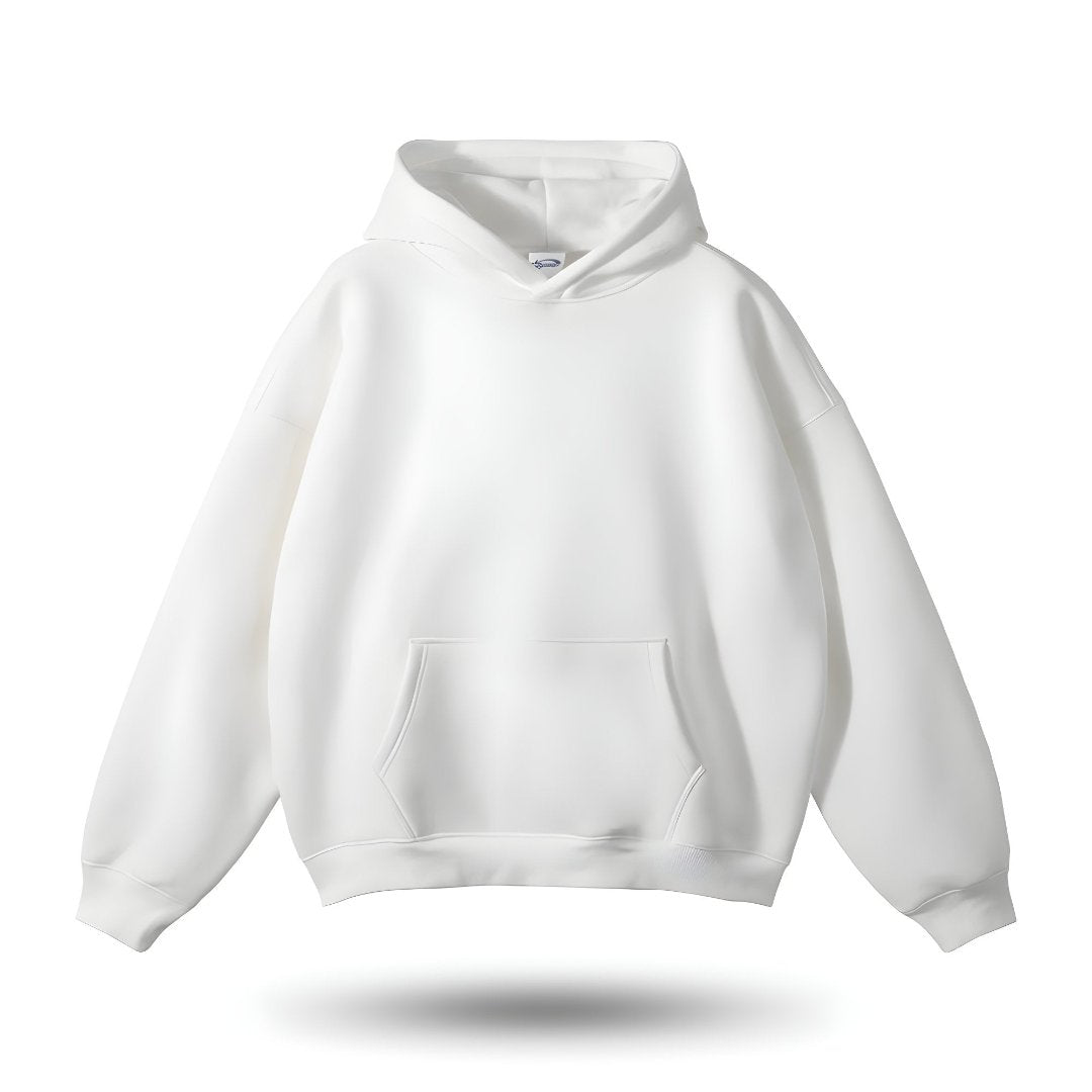 Sweat à capuche blanc unisexe, design minimaliste, poche kangourou, manches longues, idéal pour mode décontractée et streetwear tendance.