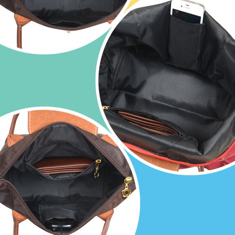 Intérieur de sac à main en cuir avec poches multiples, compartiment pour téléphone et fermeture éclair, idéal pour organisation et rangement.