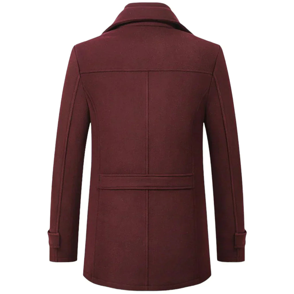 Manteau homme en laine bordeaux, coupe élégante, col rabattu, style automne-hiver, mode masculine, vêtement chaud et tendance.