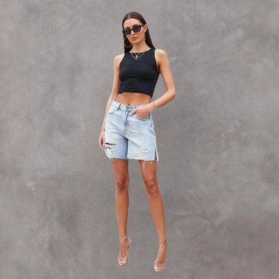 Shorts vaqueros para mujer - Corte holgado - Desgastado - Largo bermuda - Cinco bolsillos - Estilo casual