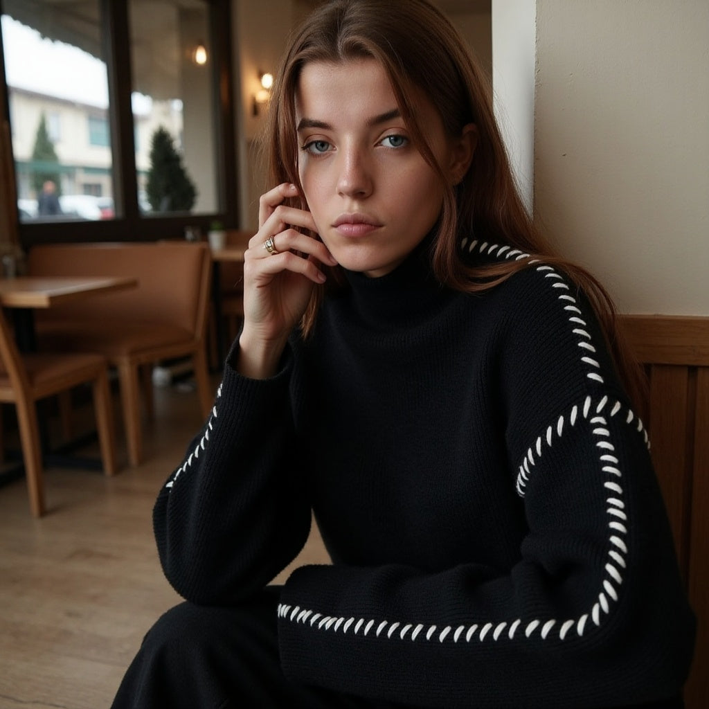 Jeune femme assise dans un café, portant un pull noir à motifs blancs. Ambiance cosy, lumière naturelle, style décontracté et moderne.