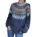 Pull en laine bleu avec motif nordique, col rond, manches longues. Mode hiver, style scandinave, confort et chaleur.
