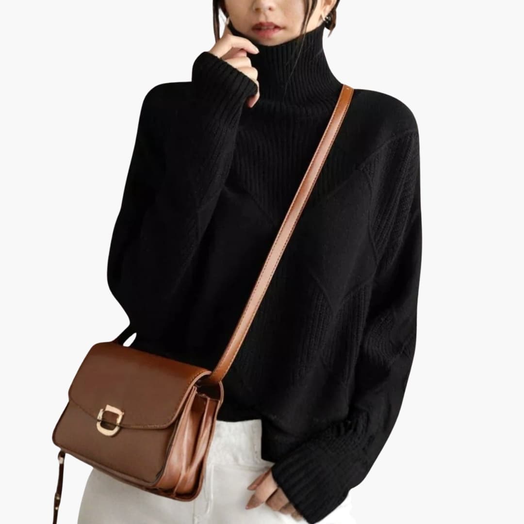 Damepullover med rullekrave og geometrisk ribbet mønster