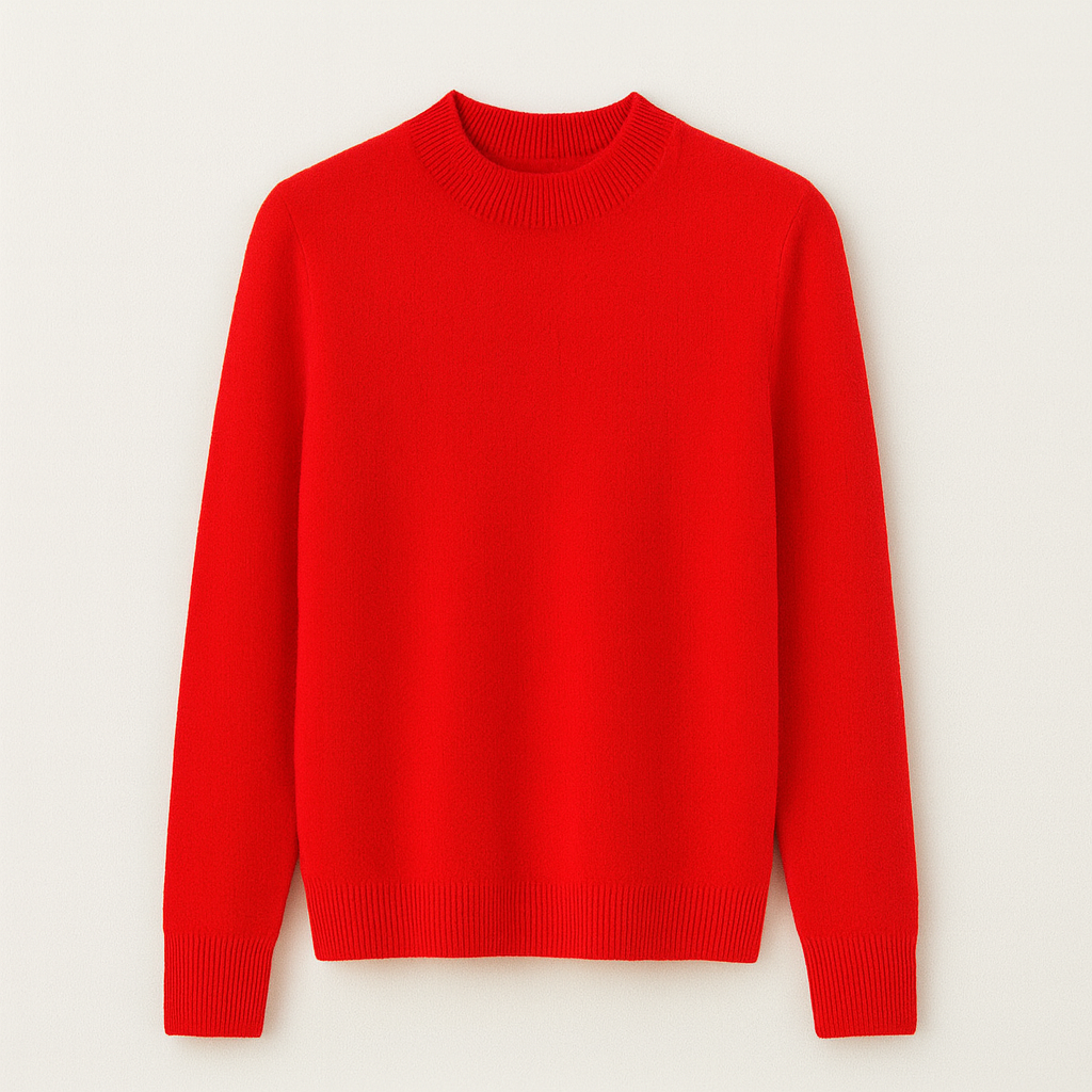 Pull rouge en laine, col rond, manches longues, sur fond blanc. Mode hiver, vêtement chaud, style classique, tendance automne-hiver.